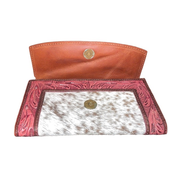 Western wallet hand tooled painted leather with fur center. EUC WLT - Picture 3 of 6